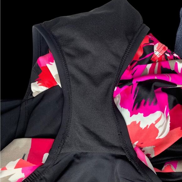 Aqua Green One Piece Swimsuit Padded Floral Pink Print Black bottom Small Halter - Picture 13 of 13